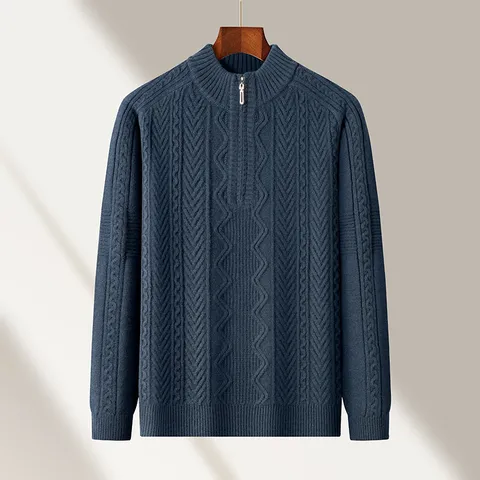 Men Casual Knitwear Half High Neck Metal Zipper Solid Color Thickened Warm Pullover Sweater Winter Male Apparel