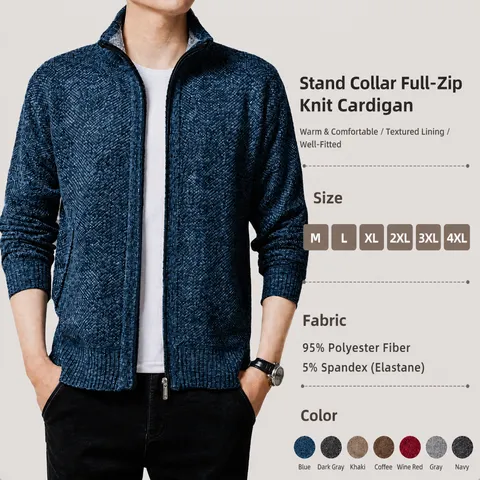 Cardigan Décontracté pour Hommes Col Montant Doublé Polaire Thermique Couleur Unie Vêtements en Tricot Veste Zippée Manches Longues Hiver
