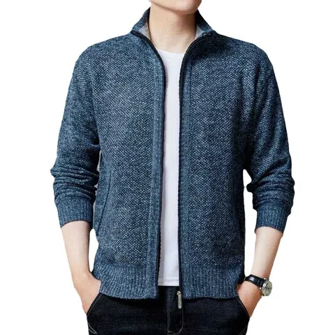 Cardigan Décontracté pour Hommes Col Montant Doublé Polaire Thermique Couleur Unie Vêtements en Tricot Veste Zippée Manches Longues Hiver