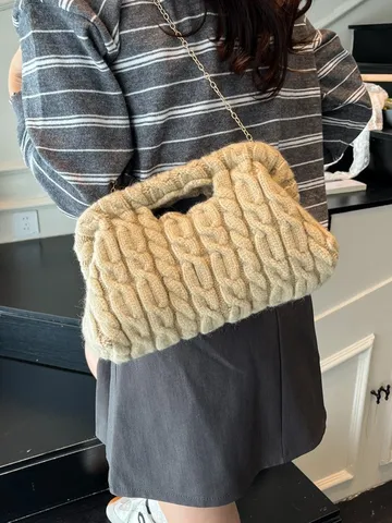 Dames Vintage Pluche Geruit Vierkante Schoudertas Mode Breien Ketting Crossbody Tas Elegant Clipsluiting Banket Pendelen Messenger Handtas