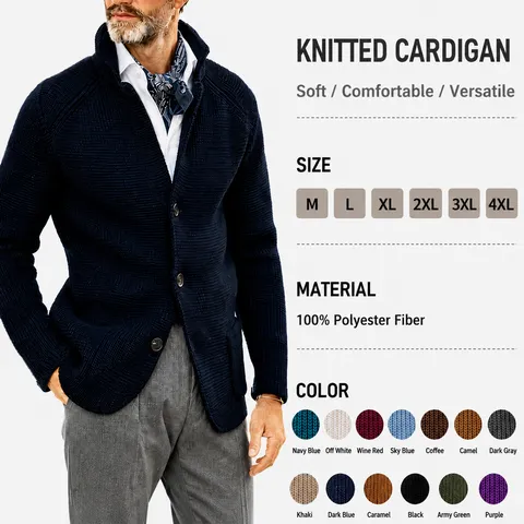Men's Casual Long Sleeve Knitted Cardigan Solid Color Waffle Texture Lapel Single Breasted Slim Fit Winter Sweater