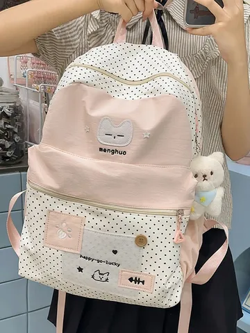 Japanischer Stil Süß Cartoon Katze Rucksack Für Mädchen Große Kapazität Schultasche Studenten Kontrastfarbe Nylon Reiserucksack