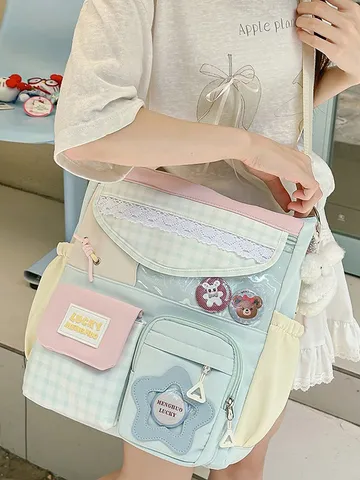 Bolso Bandolera de Nailon de Estilo Artístico Japonés para Estudiantes Lindo Bolso de Hombro con Encaje y Cuadros