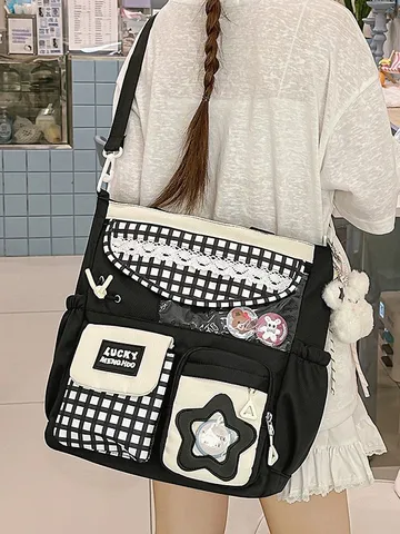 Bolso Bandolera de Nailon de Estilo Artístico Japonés para Estudiantes Lindo Bolso de Hombro con Encaje y Cuadros