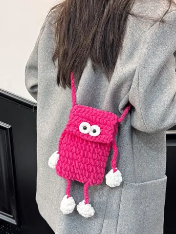 Handmade Knitted Big Eye Crossbody Phone Bag Cute Cartoon Woolen Yarn Small Shoulder Bag For Women Daily Commute Purse