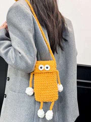 Handmade Knitted Big Eye Crossbody Phone Bag Cute Cartoon Woolen Yarn Small Shoulder Bag For Women Daily Commute Purse