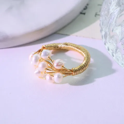 Handmade Freshwater Pearl Wrapped Ring 18k Gold Plated Copper Vintage Wire Wrap Finger Ring For Women Minority Design Jewelry