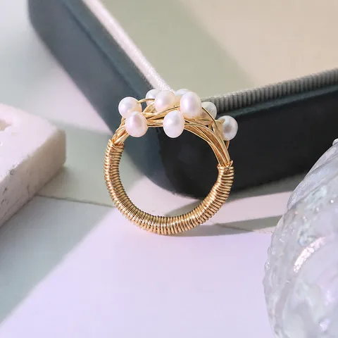 Handmade Freshwater Pearl Wrapped Ring 18k Gold Plated Copper Vintage Wire Wrap Finger Ring For Women Minority Design Jewelry