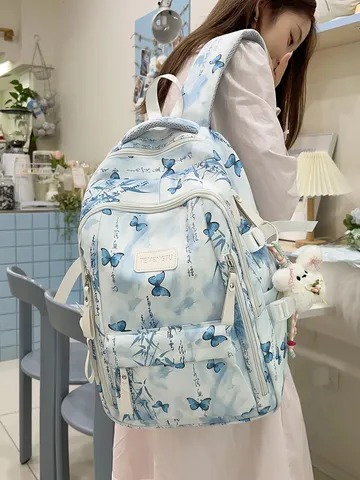 Chinesischer Stil Blumen Schmetterling Druck Rucksack Große Kapazität Schultasche Für Mädchen Literarischer Student Daypack Mit Anhänger