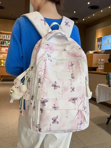 Chinesischer Stil Blumen Schmetterling Druck Rucksack Große Kapazität Schultasche Für Mädchen Literarischer Student Daypack Mit Anhänger