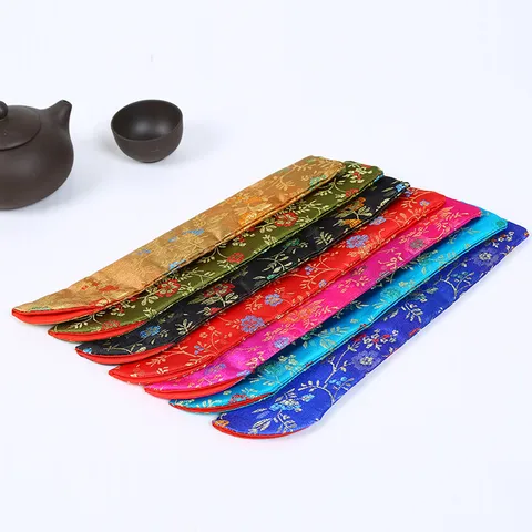Chinese Style Embroidered Satin Fan Sleeve Traditional Silk Folding Fan Storage Bag Protective Pouch Home Decor