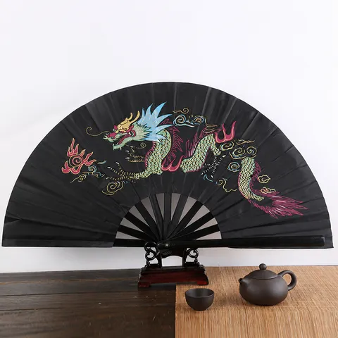 Éventail Pliant Chinois Traditionnel Kung Fu Tai Chi Cadre en Plastique Dragon Phénix Imprimé Éventail à Main pour Refroidissement Quotidien
