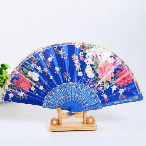 Éventail Pliant de Style Chinois Imprimé Floral Tissu en Soie Bambou Éventail de Danse Décoratif