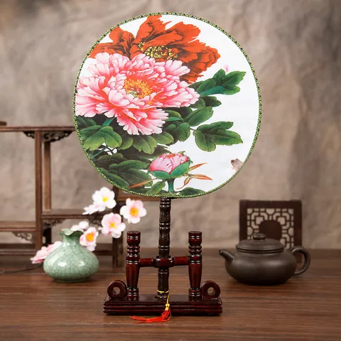 Éventail de Palais Rond Classique Éventail de Danse Chinois Imprimé Pivoine Manche en Bambou avec Gland pour Décoration de Maison Fête