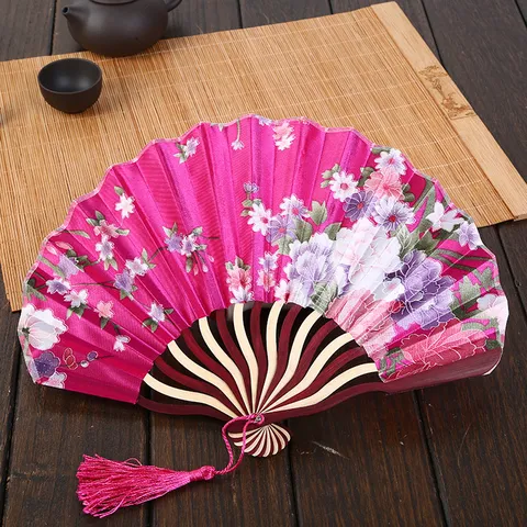 Éventail Pliant de Style Chinois Os en Bambou Éventail Coquillage Imprimé Floral Main Éventail Avec Gland Vintage Été Refroidissement Éventail