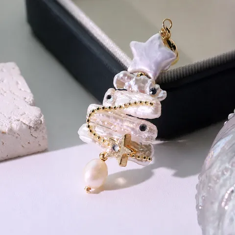 Original Vintage Gold Plated Freshwater Pearl Christmas Tree Pendant Zirconia Star Charm Necklace Drop For Women Fine Jewelry Gift