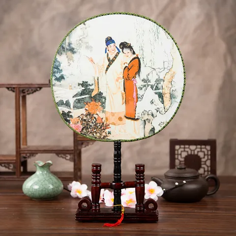 Éventail de Palais Rond Classique Éventail de Cour Antique Tissu en Soie Poignée en Bois Accessoire de Danse Traditionnel Chinois Décoration Intérieure