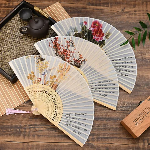 Chinese Style Folding Fan Bamboo Frame Satin Fabric Hand Held Flower Pattern Fan With Tassel For Summer Dance Party Women