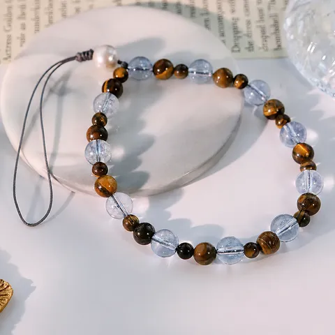 Cadena de Teléfono de Vidrio con Perla de Agua Dulce y Piedra Ojo de Tigre Artesanal Correa de Muñeca Original de Cuentas Funda de Móvil Cordón Colgante Amuleto Joyería