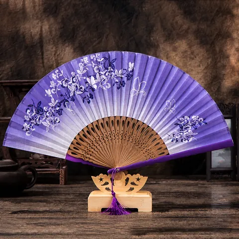 Chinese Linen Folding Fan Hollow Carved Bamboo Ribs Butterfly Floral Pattern Vintage Hand Fan For Women