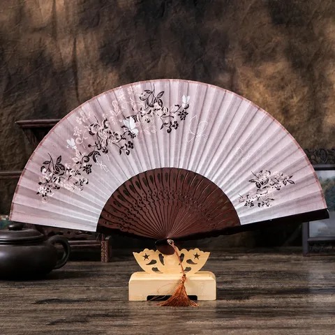 Chinese Linen Folding Fan Hollow Carved Bamboo Ribs Butterfly Floral Pattern Vintage Hand Fan For Women