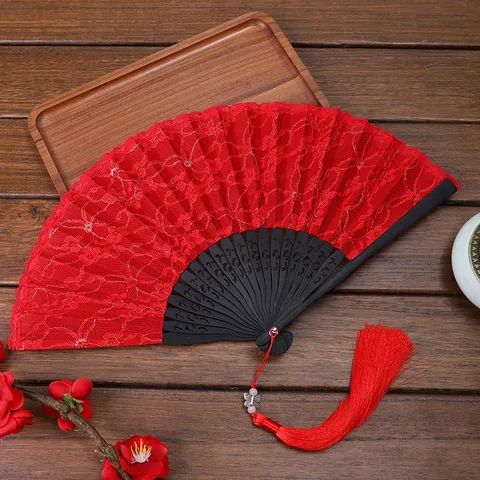 Éventail Pliant en Dentelle de Style Chinois Éventail à Main en Bambou Avec Gland pour Mariage Fête Danse Décoratif