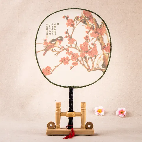 Traditionnel Éventail de Palais en Soie Chinoise Avec Support en Bois Classique Floral Rond Éventail à Main Pour Décoration Intérieure Cadeau