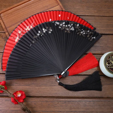 Éventail Pliante Main Style Traditionnel Chinois Os de Bambou Éventail en Tissu Pour Fête de Danse Mariage Décoration Maison