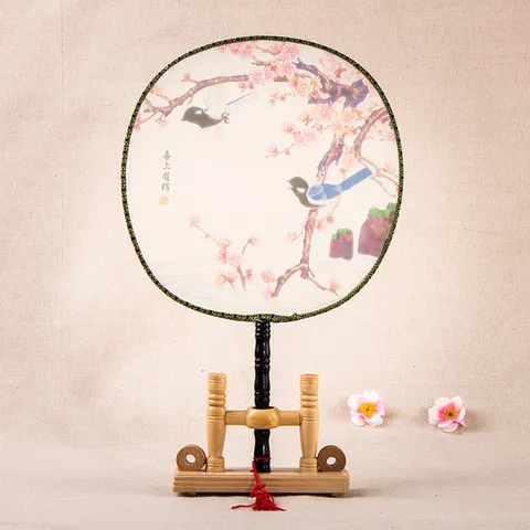 Traditionnel Éventail de Palais en Soie Chinoise Avec Support en Bois Classique Floral Rond Éventail à Main Pour Décoration Intérieure Cadeau