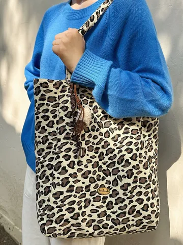Damen Große Kapazität Kontrast Leoparden Camouflage Print Segeltuch Tragetasche Lässige Urbane Schultertasche Faltbare Einkaufstasche Mit Anhänger