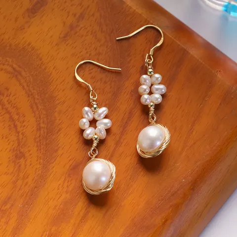 Handmade Wire Wrapped Natural Freshwater Pearl Dangle Earrings Gold-Plated Copper Flower Jewelry For Women With 925 Silver Post Vintage Elegant Ear Hook