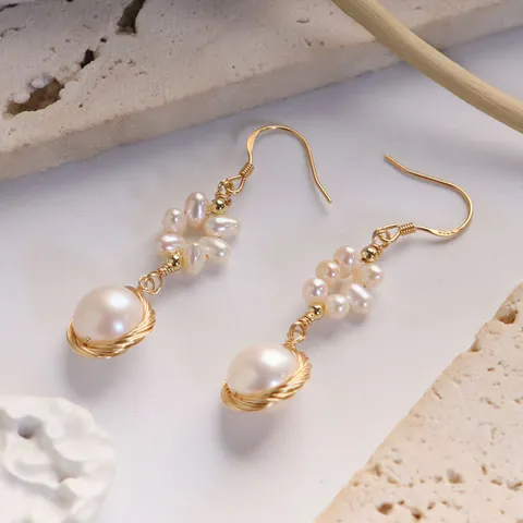Handmade Wire Wrapped Natural Freshwater Pearl Dangle Earrings Gold-Plated Copper Flower Jewelry For Women With 925 Silver Post Vintage Elegant Ear Hook