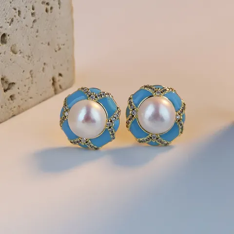 Französische Retro Natürliche Süßwasserperlen Ohrstecker Elegante Emaille Strass Kupfer Stecker Ohrringe Für Damen Modeschmuck Zubehör