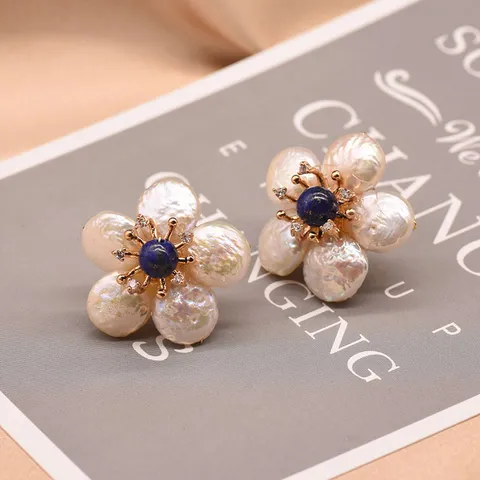 Handgefertigte Barock Süßwasserperle Blume Ohrringe Für Damen Vergoldetes Kupfer 925 Sterlingsilber Ohrstecker-Stift Lapislazuli Strass Retro Schmuck