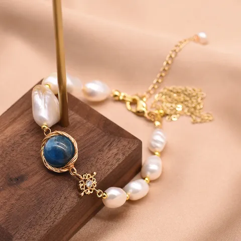 Natural Freshwater Baroque Pearl Kyanite Bracelet Retro Tassel Gold Plated Copper Bangle For Women Boutique Jewelry Gift