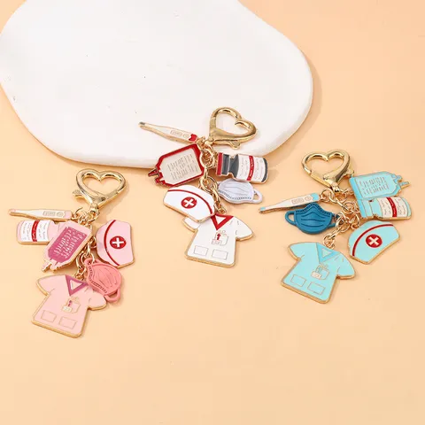 Medical Nurse Theme Alloy Enamel Keychain Doctor Thermometer Pill Mask Heart Charm Key Ring Bag Pendant Gift