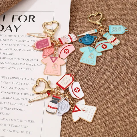Medical Nurse Theme Alloy Enamel Keychain Doctor Thermometer Pill Mask Heart Charm Key Ring Bag Pendant Gift
