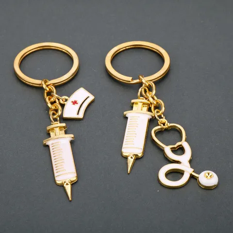 Medical Theme Keychain Alloy Gold Plated Syringe Stethoscope Nurse Hat Pendant Key Ring Bag Charm Jewelry