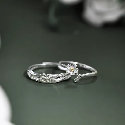 Anillos de Pareja de Plata 925 con Hoja de Margarita Diseño de Nicho Anillo Abierto Ajustable para Hombres Mujeres Joyería