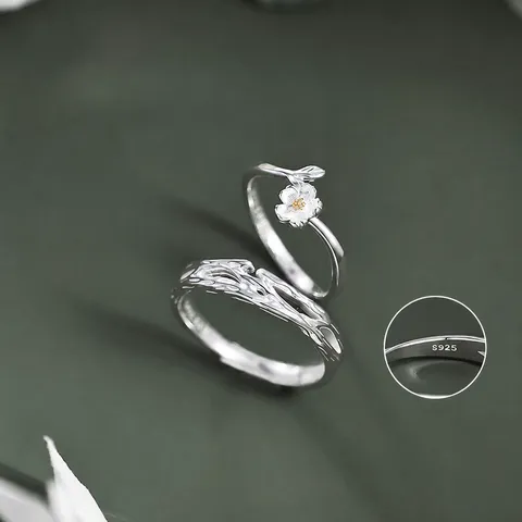 Anillos de Pareja de Plata 925 con Hoja de Margarita Diseño de Nicho Anillo Abierto Ajustable para Hombres Mujeres Joyería