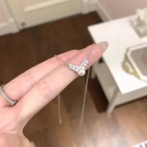 Collar de Plata de Ley 925 en Forma de V con Diamantes de Imitación y Perla Artificial para Mujer Cadena de Clavícula Minimalista Joyería Colgante