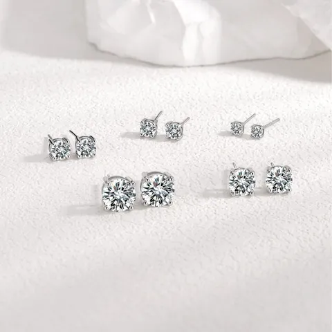 Luxus 925 Sterlingsilber Vier-Klauen Ohrstecker Runde Strass Nischen Geometrische Platiniert Glänzende Kristall Kleine Ohrringe Für Damen Schmuck Geschenk