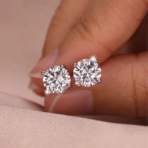Luxus 925 Sterlingsilber Vier-Klauen Ohrstecker Runde Strass Nischen Geometrische Platiniert Glänzende Kristall Kleine Ohrringe Für Damen Schmuck Geschenk