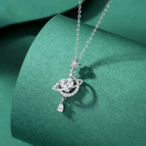 Collar Planeta Luna Estrella Ensueño Plata Fina 999 Colgante Corazón Strass Cadena Clavícula Joyería Lujo para Mujer Regalo Novia