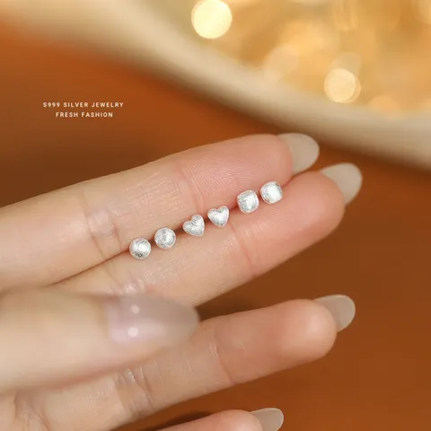 Pendientes de Botón Minimalistas de Plata Pura 999 para Mujer Estilo Ins Coreano Cepillado Mate Geométrico Corazón Cuadrado Redondo Pendientes Hipoalergénicos