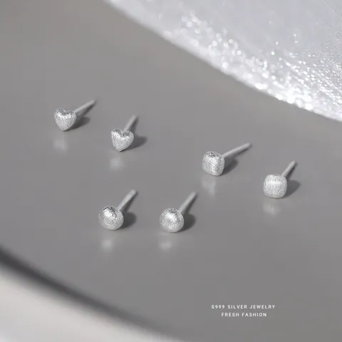 Pendientes de Botón Minimalistas de Plata Pura 999 para Mujer Estilo Ins Coreano Cepillado Mate Geométrico Corazón Cuadrado Redondo Pendientes Hipoalergénicos