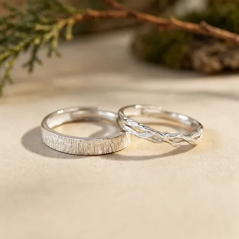 Anillos de Pareja Diseño de Rama con Veta de Madera Natural Plata Fina 999 Diamantes de Imitación Anillos Abiertos Ajustables para Regalo de Boda