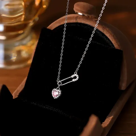 S925 Sterlingsilber Herz Halskette Für Damen Süß Büroklammerkette Zirkonia Anhänger Schlüsselbeinkette Vielseitiger Täglicher Schmuck Geschenk