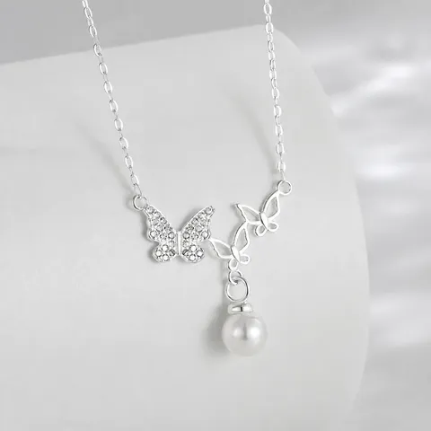 S999 S925 Sterlingsilber Schmetterling Perle Halskette Für Damen Elegante Strass Eingelegte Schlüsselbeinkette Modeschmuck Halskette