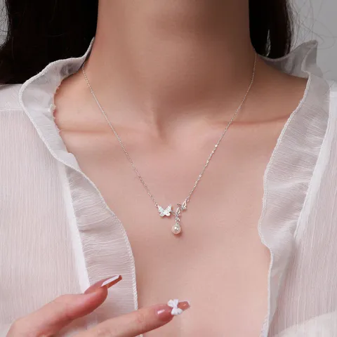 S999 S925 Sterlingsilber Schmetterling Perle Halskette Für Damen Elegante Strass Eingelegte Schlüsselbeinkette Modeschmuck Halskette